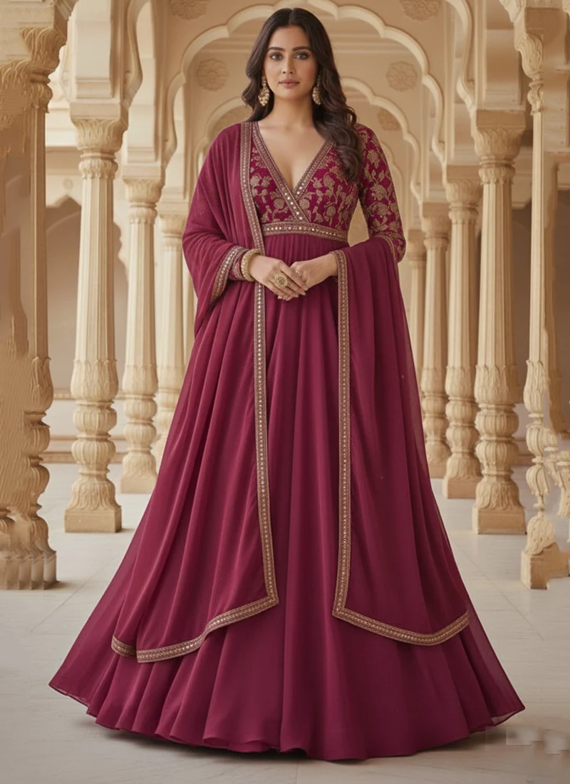 Red viscose jacquard silk zari embroidered